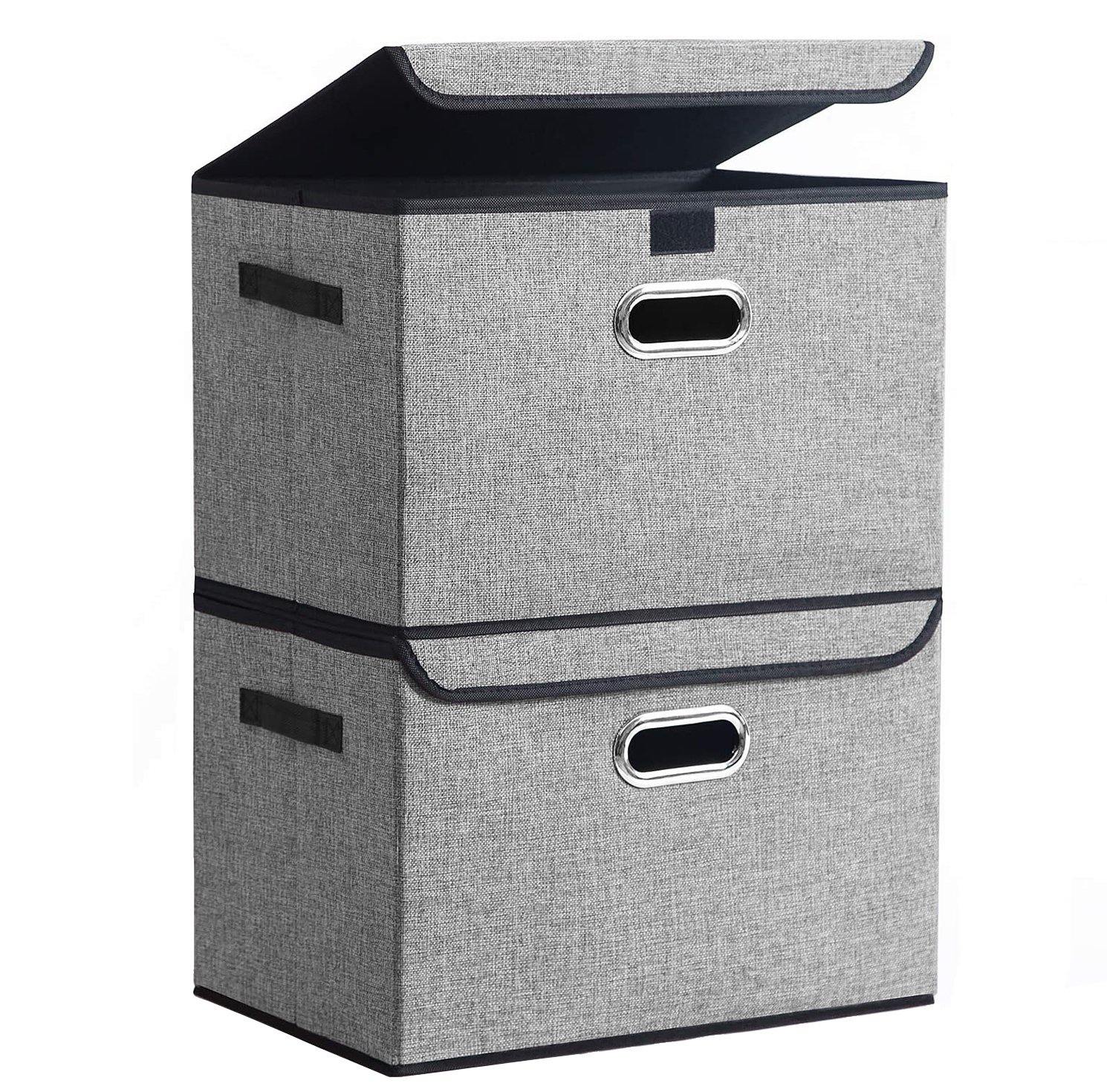 DOUBLE R BAGS Collapsible Storage Box with Lids Covers Large 2 Pack (Grey) - Double R Bags