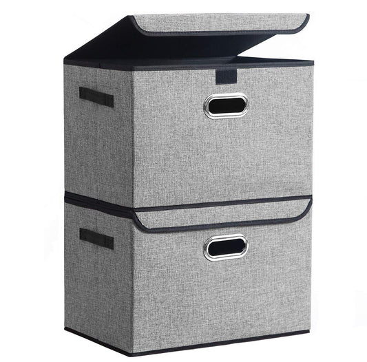DOUBLE R BAGS Collapsible Storage Box with Lids Covers Large 2 Pack (Grey) - Double R Bags
