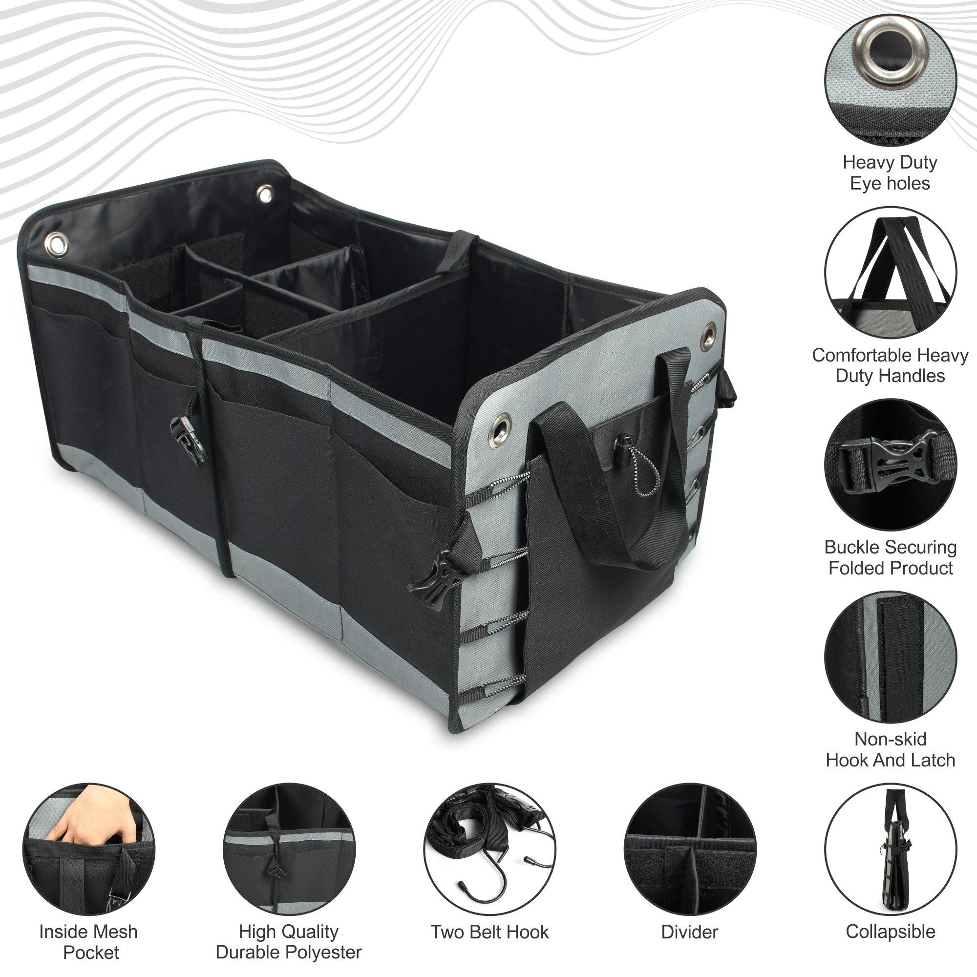Double R Bags Multi Compartments Collapsible Portable Car Boot Organizer Black Grey - Double R Bags