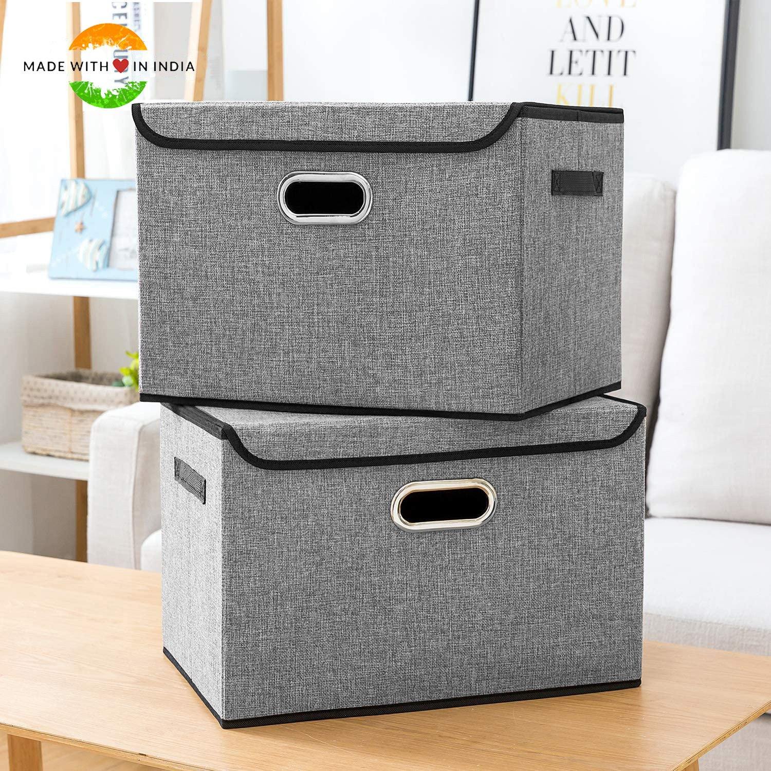 DOUBLE R BAGS Collapsible Storage Box with Lids Covers Large 2 Pack (Grey) - Double R Bags