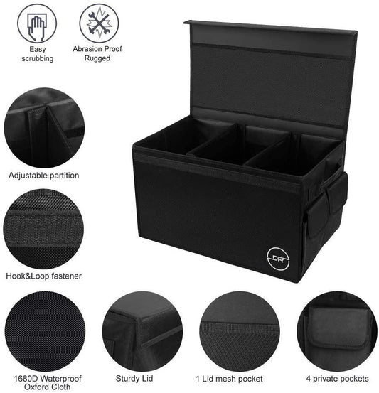 DOUBLE R BAGS Multi Compartments Collapsible Portable Car Trunk Organizer With Lid Cover Black - Double R Bags