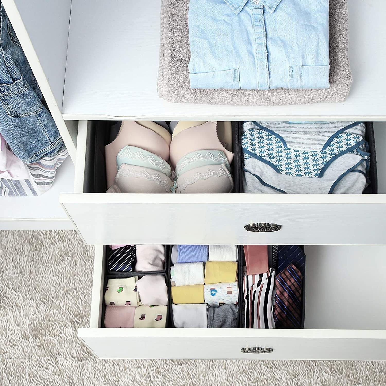 DOUBLE R BAGS No Smell Foldable Cloth Storage Cube with Drawers for Underwear Bras Socks Ties Scarves Set of 3 (Black) - Double R Bags