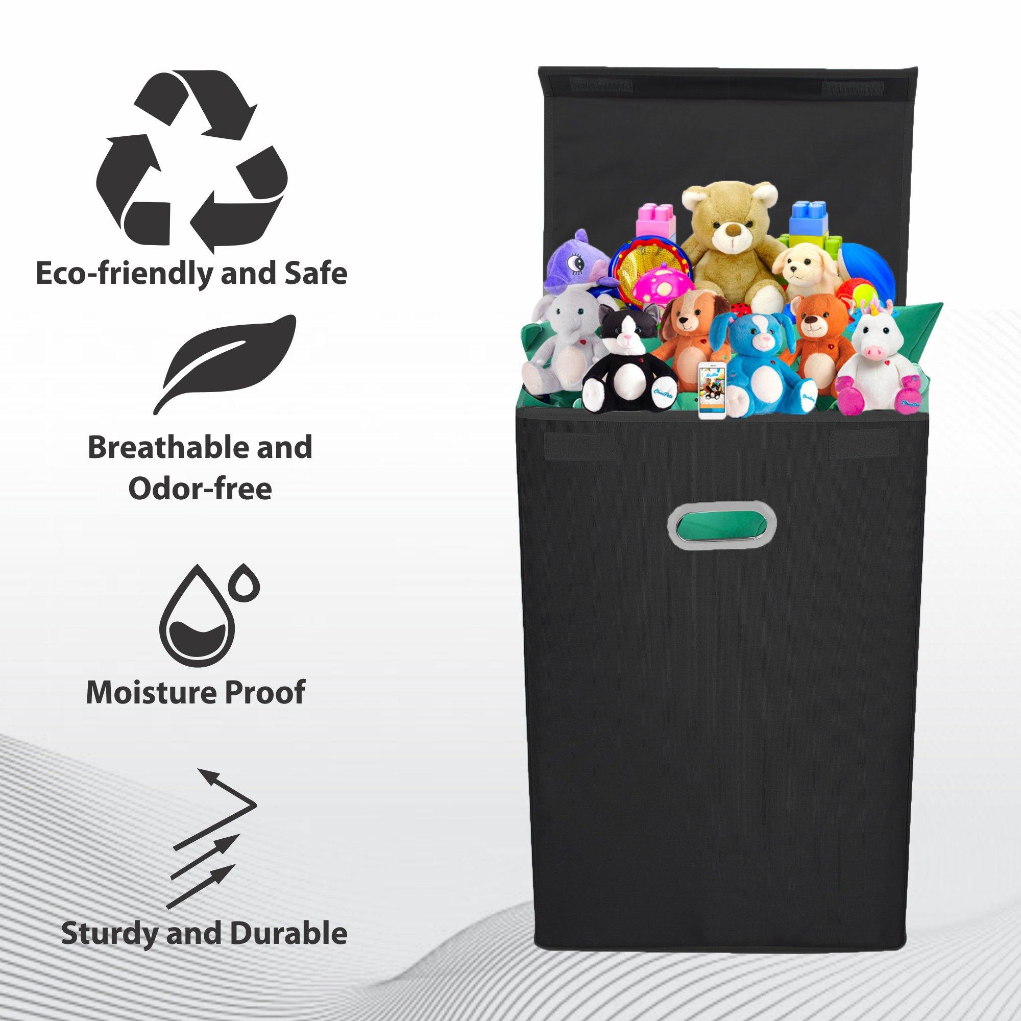 Double R Bags 72 L Foldable Laundry Basket With Lid Bag Hamper for Clothes Cum Collapsible Kids Room Toy Storage Organizer for Kids Room Large (Black) - Double R Bags