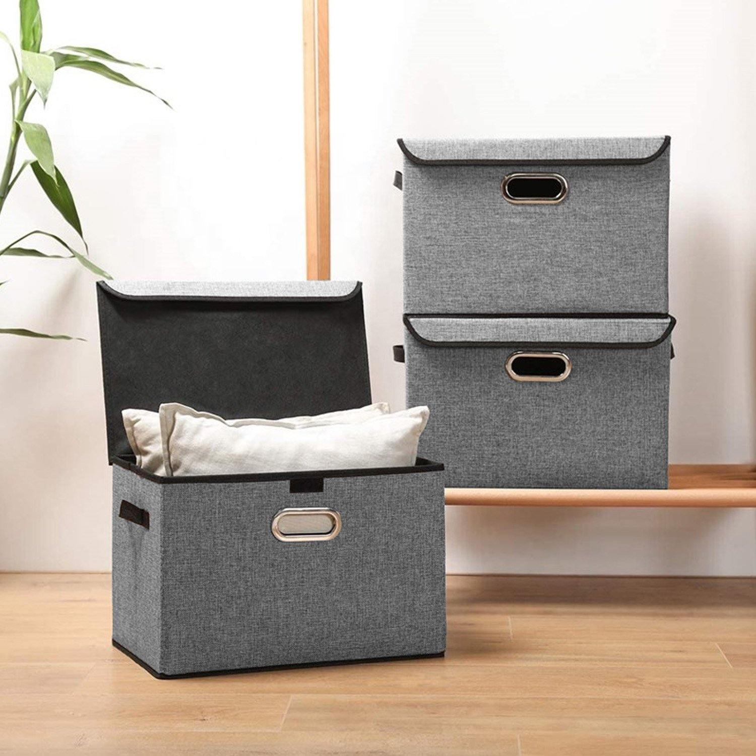 DOUBLE R BAGS Collapsible Storage Box with Lids Covers Large 2 Pack (Grey) - Double R Bags
