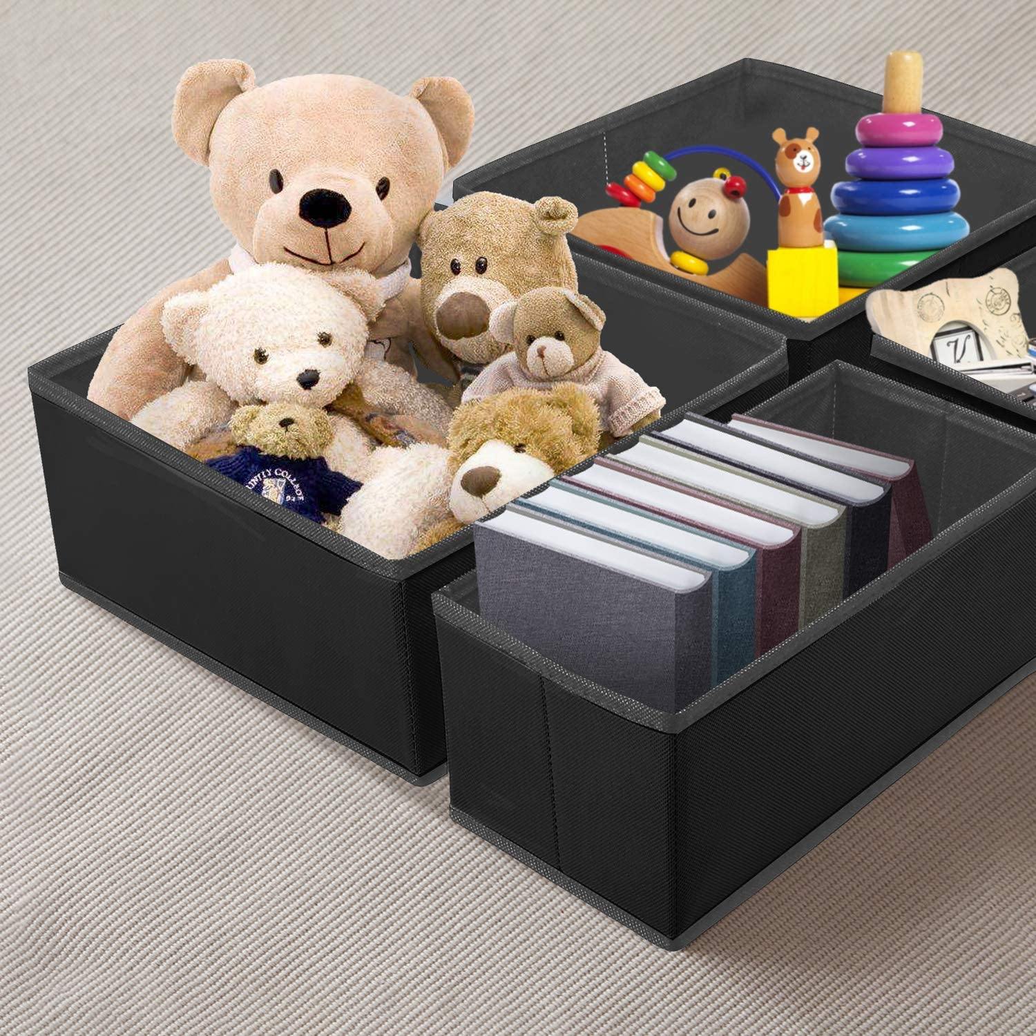 DOUBLE R BAGS No Smell Foldable Cloth Storage Cube with Drawers for Underwear Bras Socks Ties Scarves Set of 6 (Black) - Double R Bags