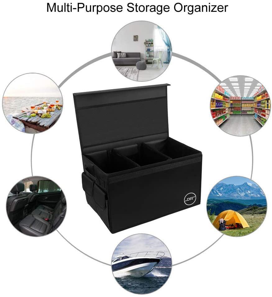 DOUBLE R BAGS Multi Compartments Collapsible Portable Car Trunk Organizer With Lid Cover Black - Double R Bags