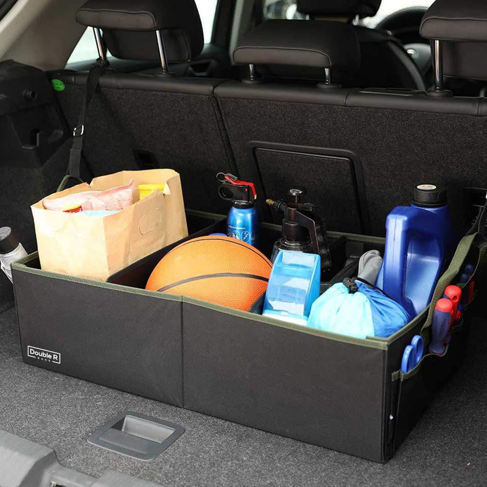 Car Trunk Organizer with 2 Mesh Pockets Black Green - DOUBLE R BAGS Media 1 of 5