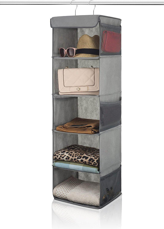 5-Shelf Hanging Closet Organizer With 6 Mesh Pockets Grey - Double R Bags - Double R Bags