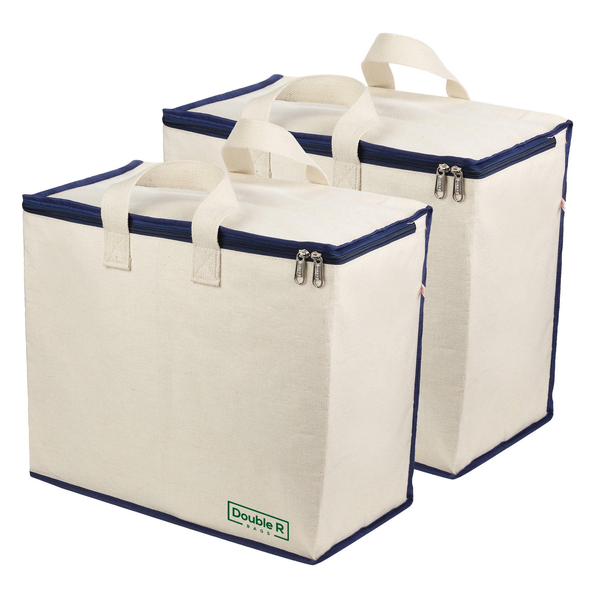 DOUBLE R BAGS Canvas Bag with Cotton Handles and Covers Zip Bags Pack Of 2 (Navy Blue)