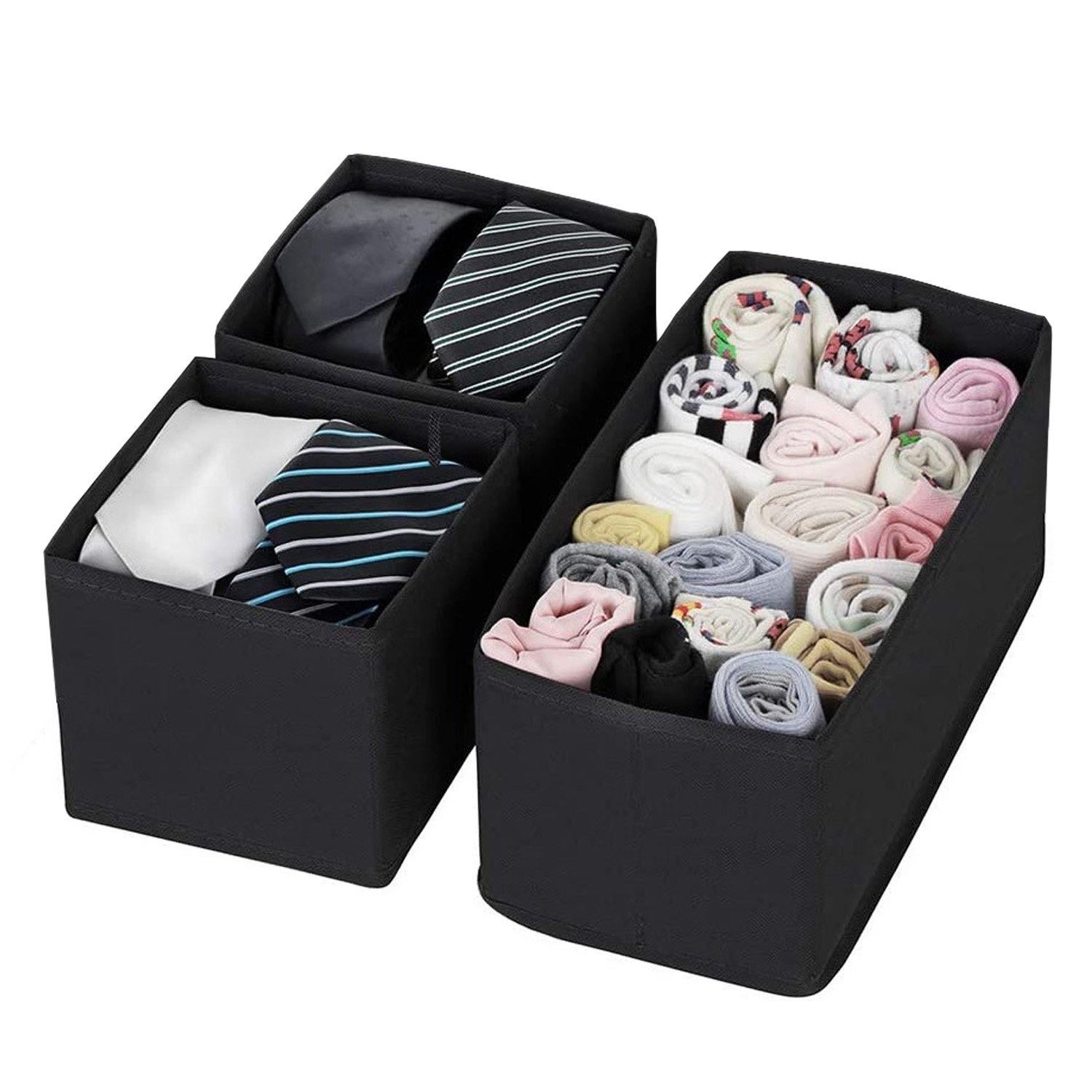DOUBLE R BAGS No Smell Foldable Cloth Storage Cube with Drawers for Underwear Bras Socks Ties Scarves Set of 3 (Black) - Double R Bags