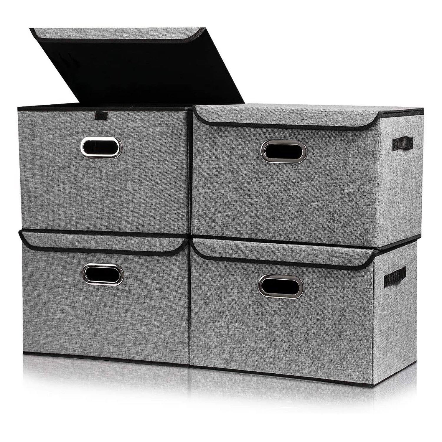 DOUBLE R BAGS Collapsible Storage Box with Lids Covers Large 4 Pack (Grey) - Double R Bags