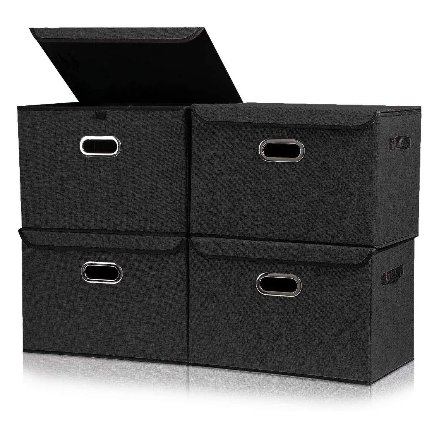 DOUBLE R BAGS Collapsible Storage Box with Lids Covers Large 4 Pack (Black) - Double R Bags
