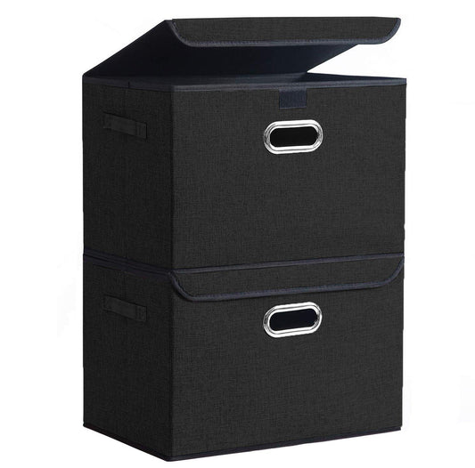 DOUBLE R BAGS Collapsible Storage Box with Lids Covers Large 2 Pack (Black) - Double R Bags