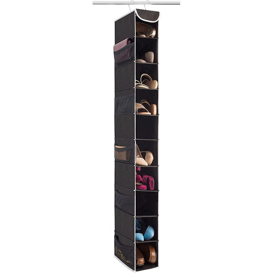 Double R Bags Hanging Shoe Organizer for Closet with Side Mesh Pockets 10 Shelf Pack Of 1 Black - Double R Bags