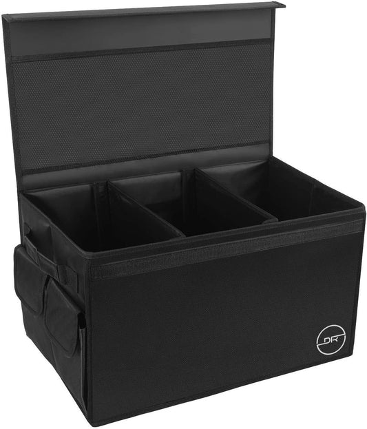 Multi Compartments Collapsible Car Trunk Organizer With Lid Cover Black - Double R Bags