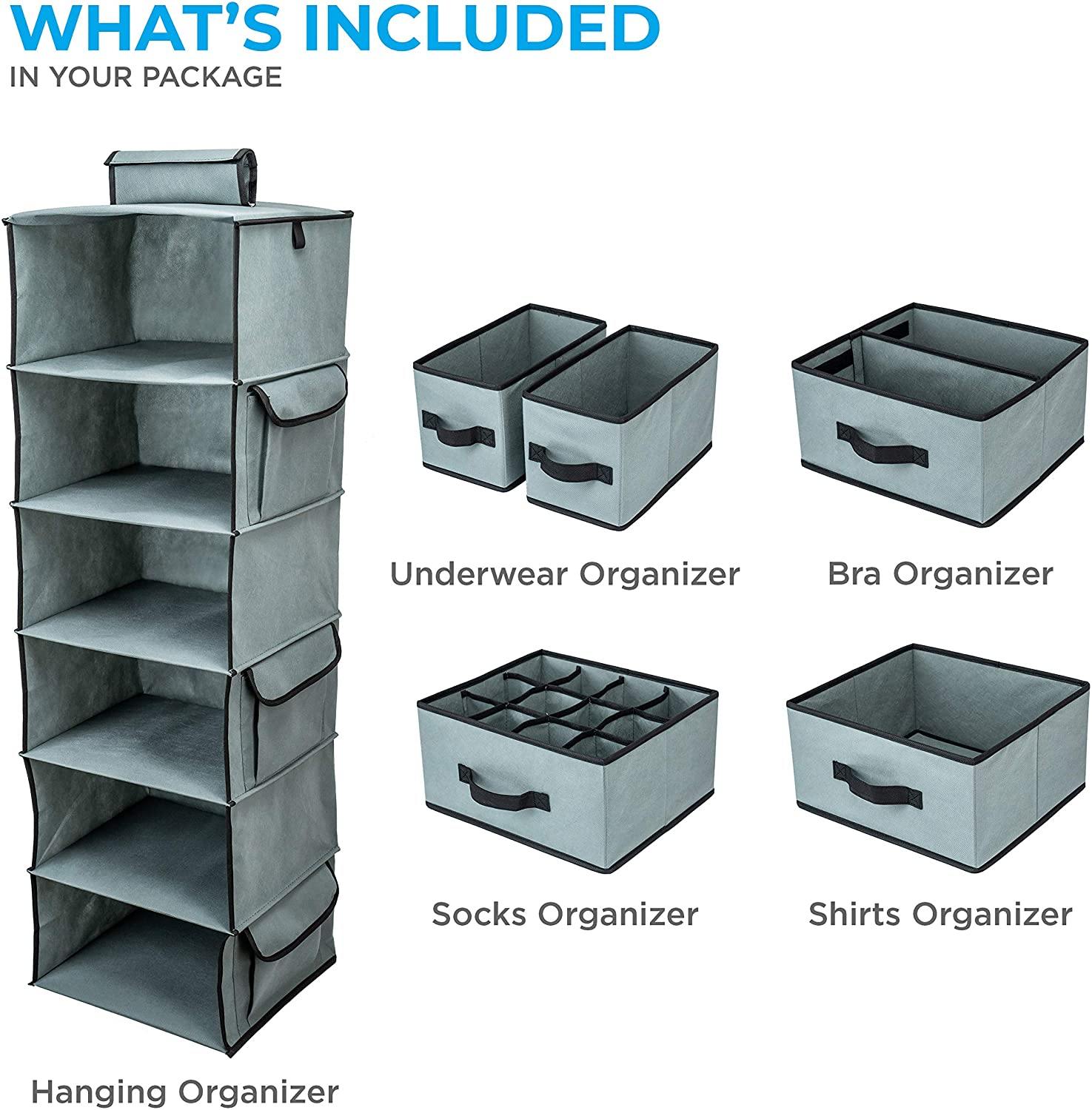 DOUBLE R BAGS Hanging Closet Organizer 6 Shelf and 5 Clothes Drawers Grey - Double R Bags
