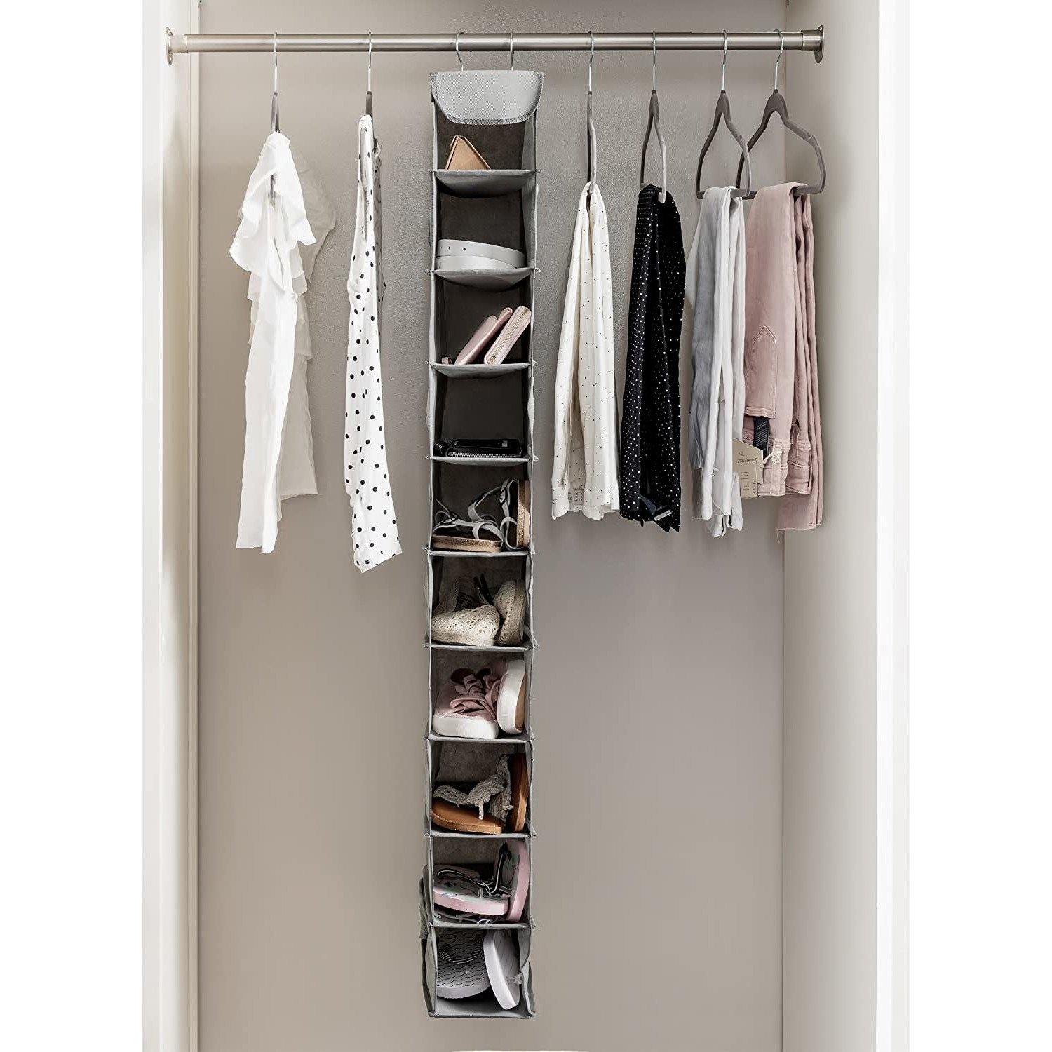 Double R Bags Hanging Shoe Organizer for Closet with Side Mesh Pockets 10 Shelf Pack Of 1 Grey - Double R Bags