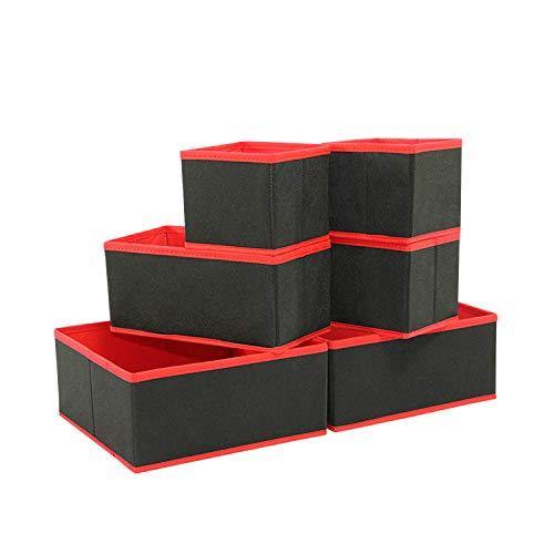 DOUBLE R BAGS No Smell Foldable Cloth Storage Cube with Drawers for Underwear Bras Socks Ties Scarves Set of 6 (Red Black) - Double R Bags