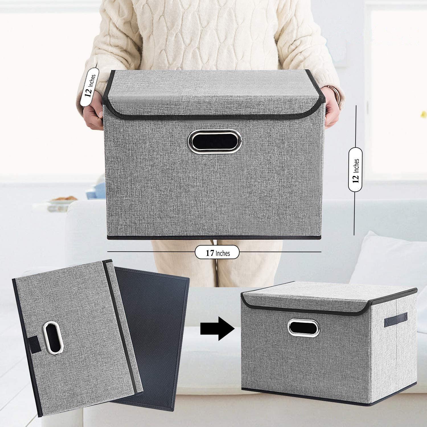 DOUBLE R BAGS Collapsible Storage Box with Lids Covers Large 4 Pack (Grey) - Double R Bags