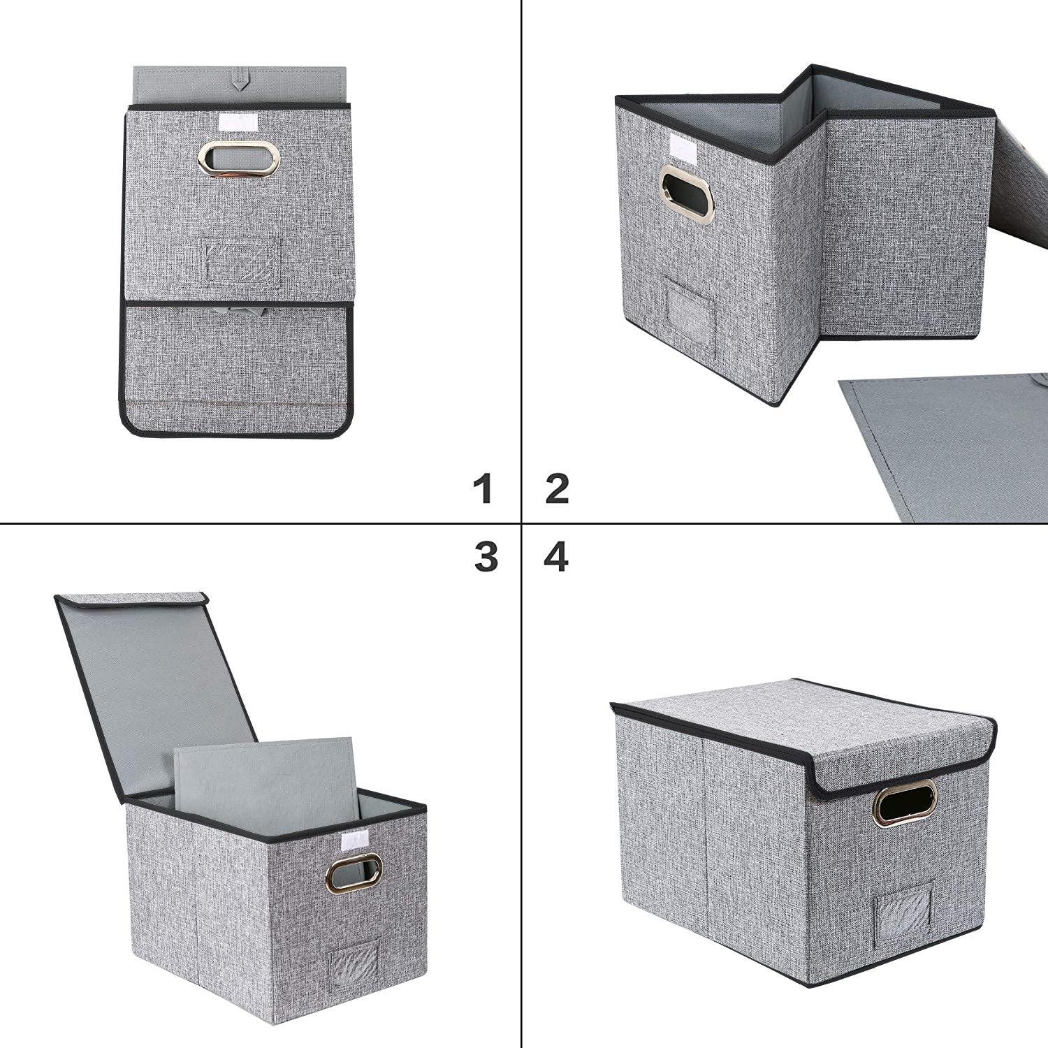 Storage Box Container Bins with Lids Covers and Metal Handles for Office, Bedroom, Closet, Kids Toys Grey