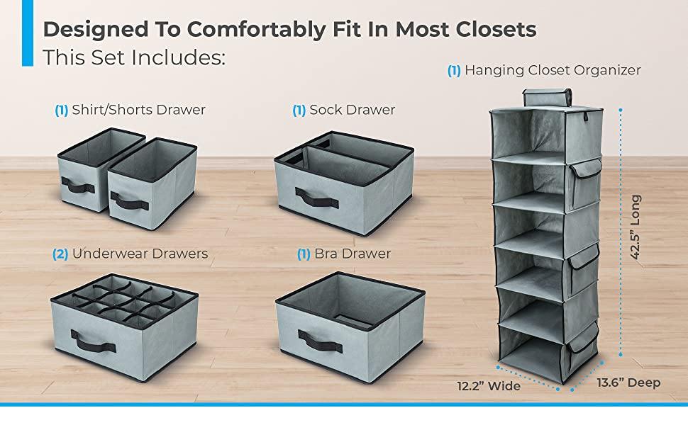DOUBLE R BAGS Hanging Closet Organizer 6 Shelf and 5 Clothes Drawers Grey - Double R Bags