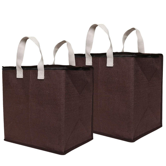 DOUBLE R BAGS Jute Shopping bags with Dual Zippers Pack of 2 (Brown)