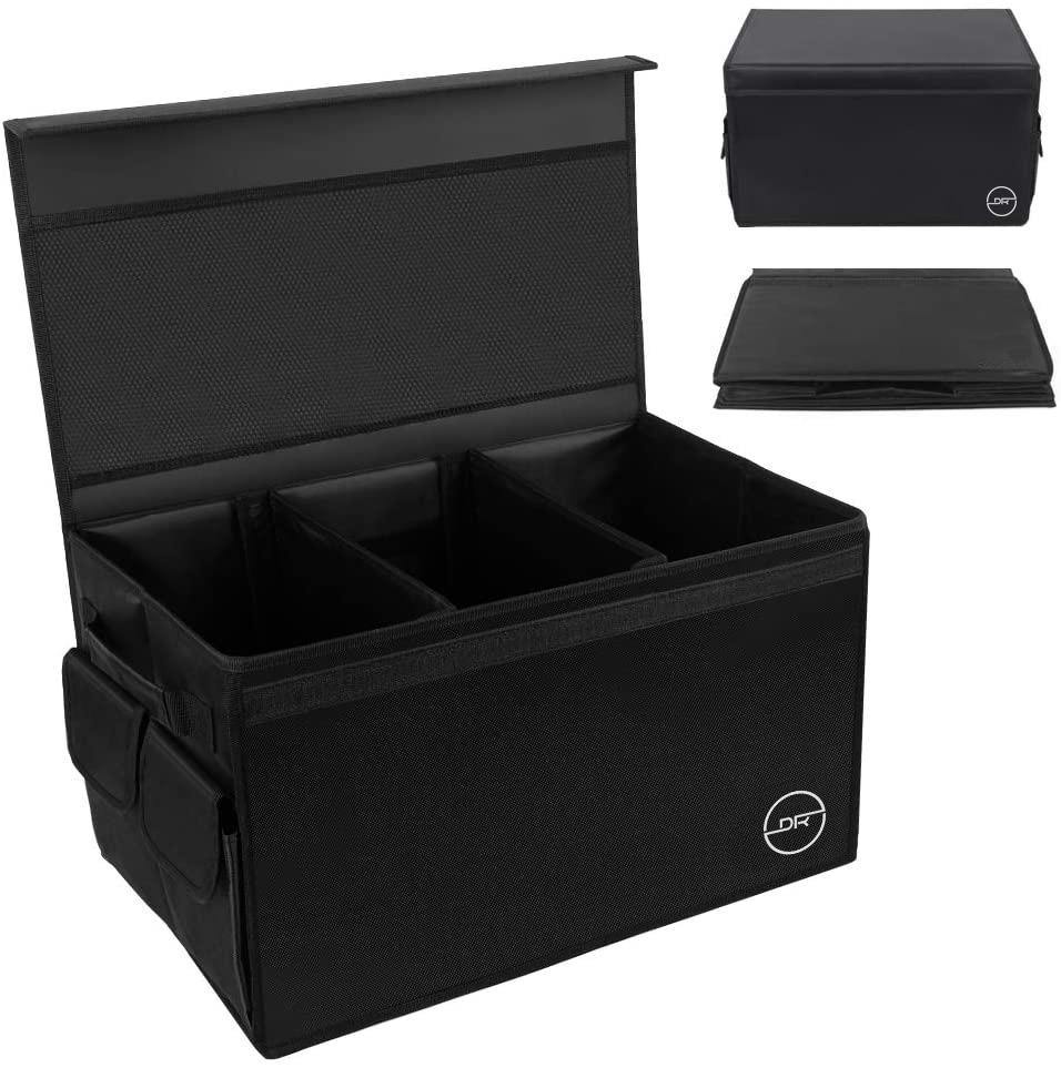 DOUBLE R BAGS Multi Compartments Collapsible Portable Car Trunk Organizer With Lid Cover Black